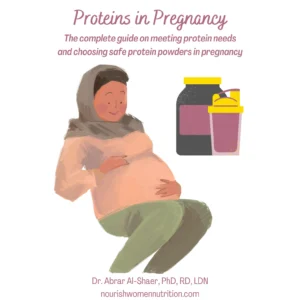 Illustration of a smiling pregnant woman cradling her belly with one hand. She's depicted wearing a light-colored top and dark green pants. To her right, there's an image of a jar and a glass with a straw, indicating a supplement or a nutritious drink, suggesting a focus on prenatal nutrition.