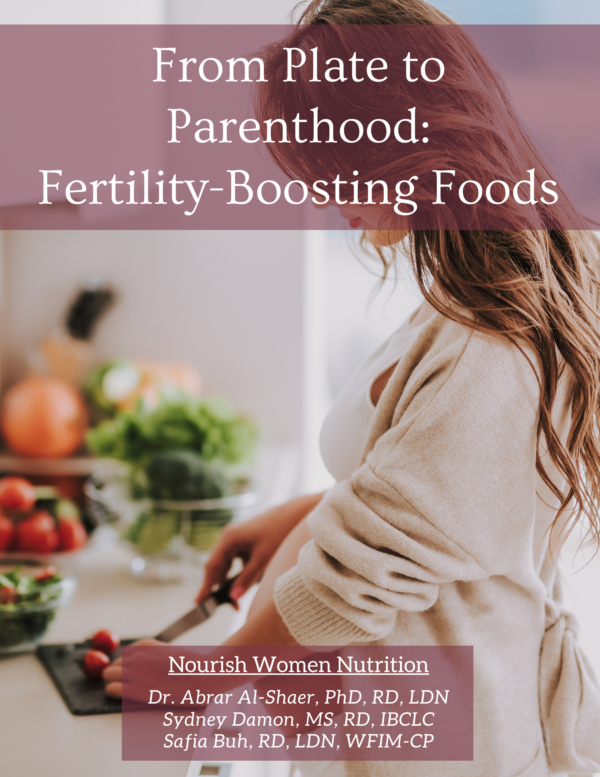 The cover features a woman preparing food in a kitchen with fresh vegetables on the counter. The authors are listed as Dr. Abrar Al-Shaer, PhD, RD, LDN, Sydney Damon, MS, RD, IBCLC, and Safia Buh, RD, LDN, WFIM-CP.